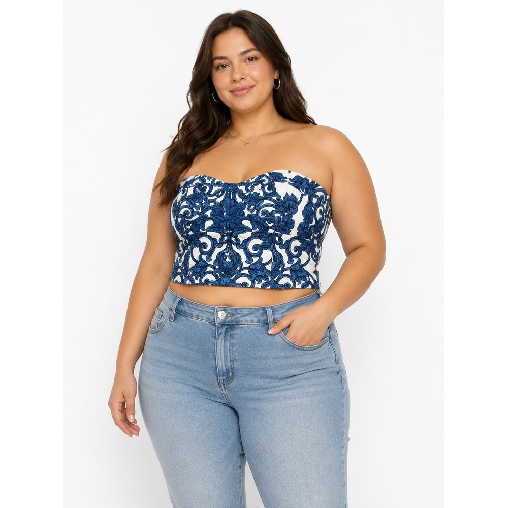 Antonio Melani Atlas Print Strapless Bustier Crop Top Blue White Size 14 NWT